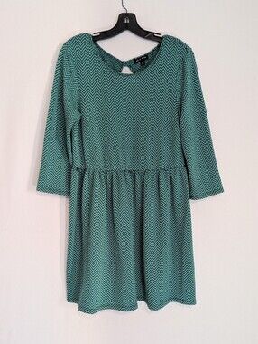 AS U WISH Fit & Flare Dress Large Teal Black Chevron 3/4 Sleeve Stretch